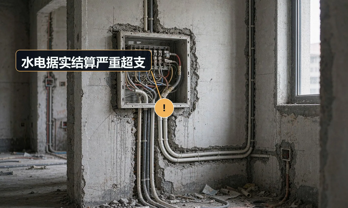 现象:合同里水电写「按实际发生计算」,做完翻了一倍。原因:水电按米/点位据实计费,前期无预排点位与预估;施工中随意增加