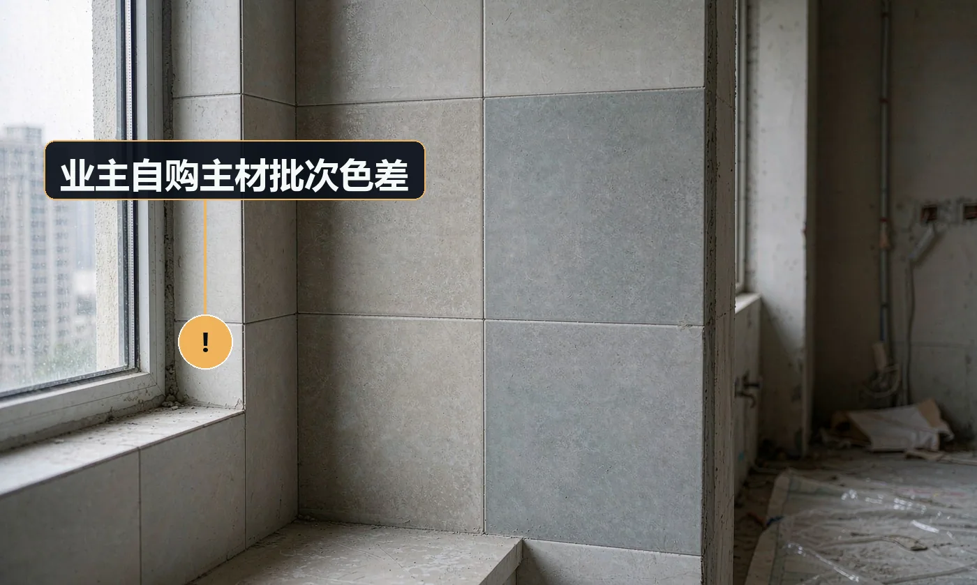 现象:补的几块砖跟前面的不一样,一眼看出来。原因:分两次购买不同批号;业主按图片买货未核对色号