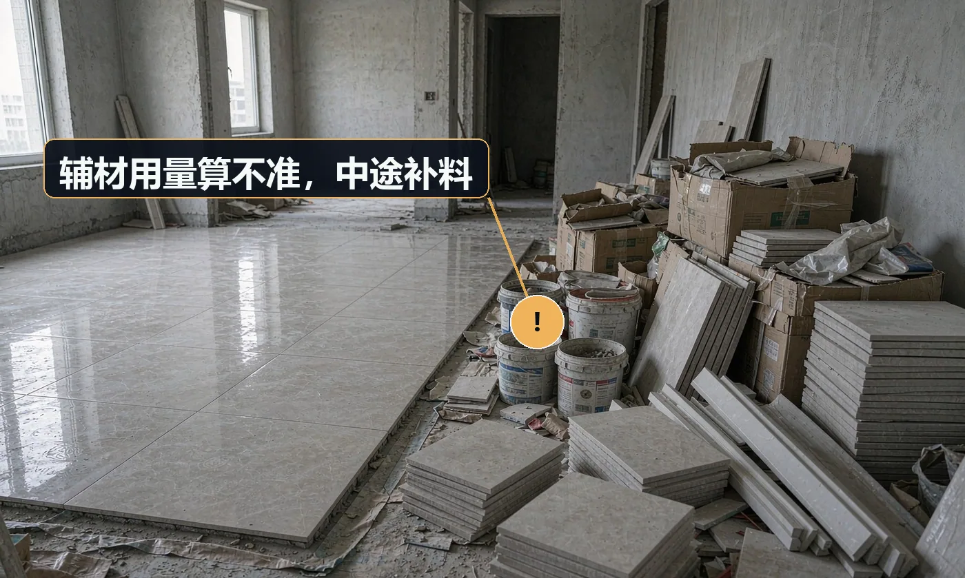 现象:腻子刮到一半没了,水泥砂浆差几袋,又得跑一趟。原因:未按实测面积精算用量;未预留合理损耗