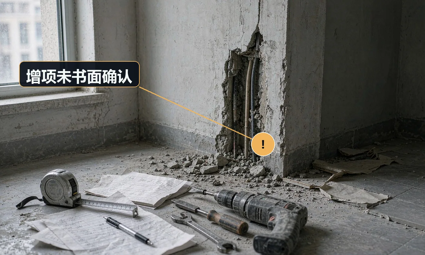 现象:干着干着说这里要加钱那里要加钱,业主不认账。原因:无变更流程;口头承诺;无单价依据