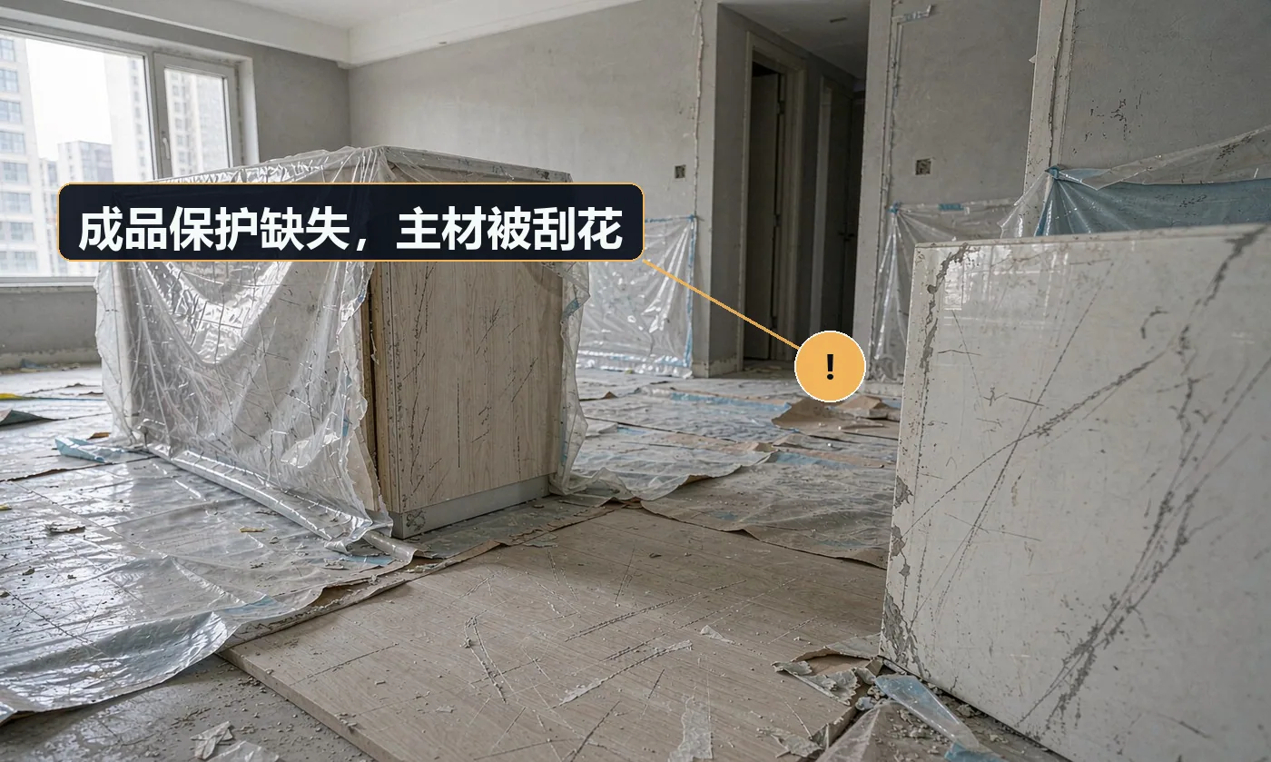 现象:刚装好的门套被梯子刮了,新地板被工具砸出坑。原因:无成品保护措施;后续工序未覆盖保护