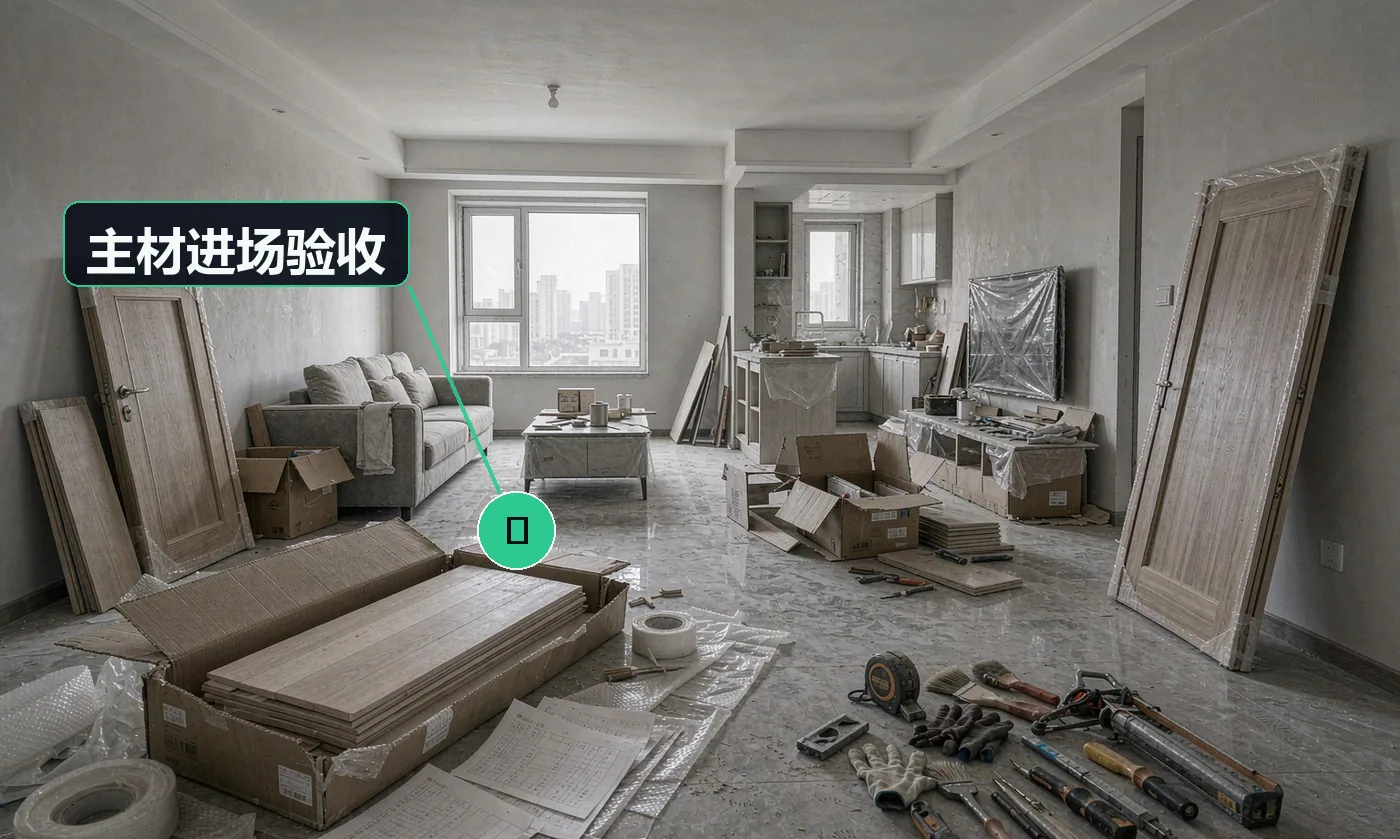 检查方式:开箱核规格、批号、数量、外观。合格标准:与业主共同签《主材进场验收单》,既有瑕疵注明