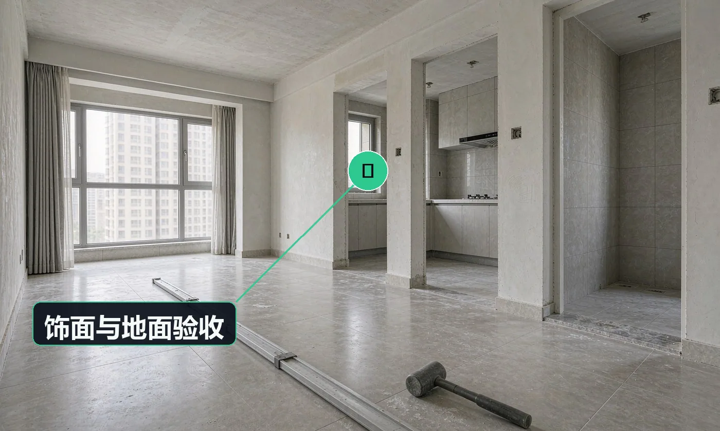 检查方式:空鼓锤 + 2m 靠尺 + 目视。合格标准:空鼓率为 0、平整度与高差符合 GB 50209-2010 允许偏差、无色差补丁感