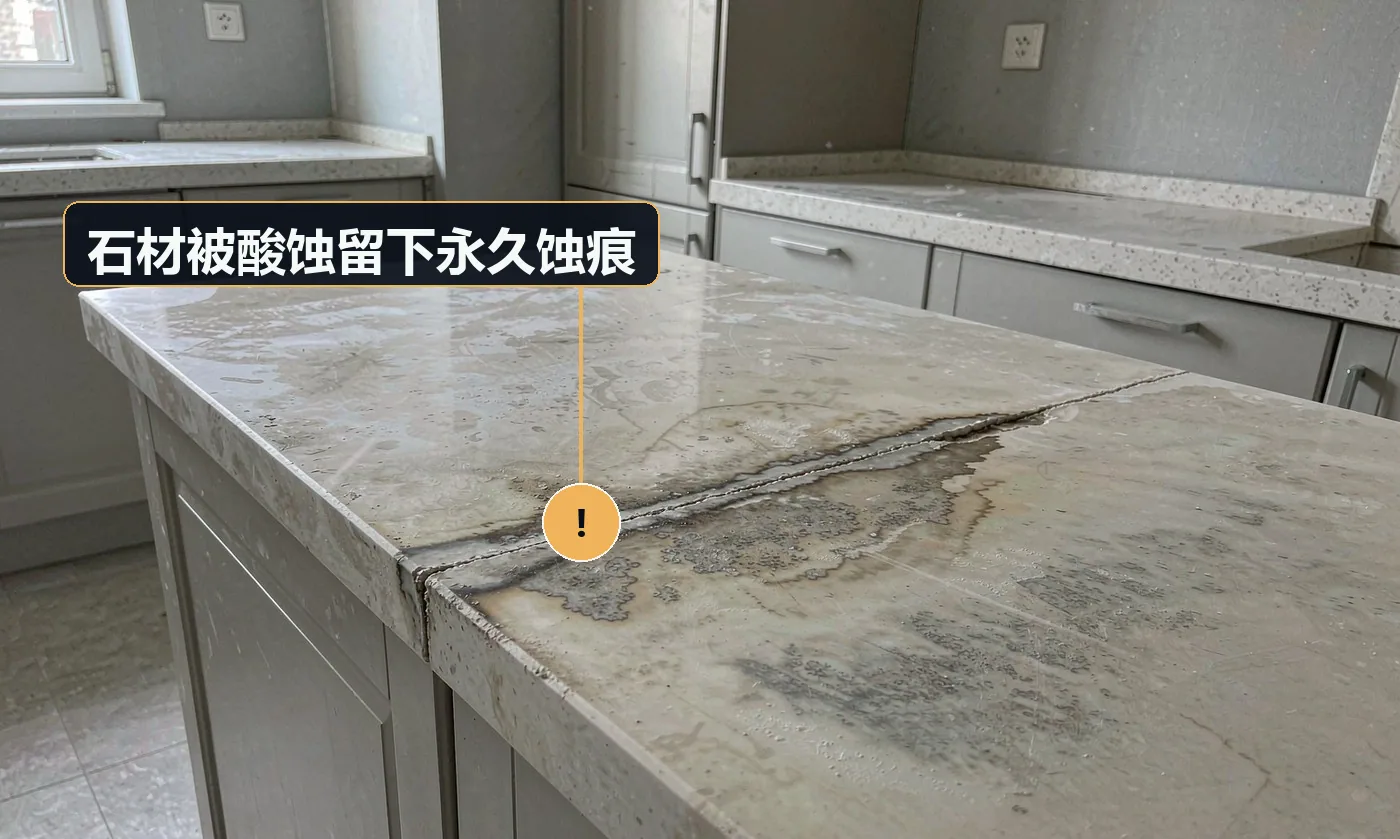 现象:大理石 / 人造石台面出现发白、麻点,擦不掉。原因:酸性清洁剂(草酸、洁厕灵、除垢剂)用在石材上;未分剂分布
