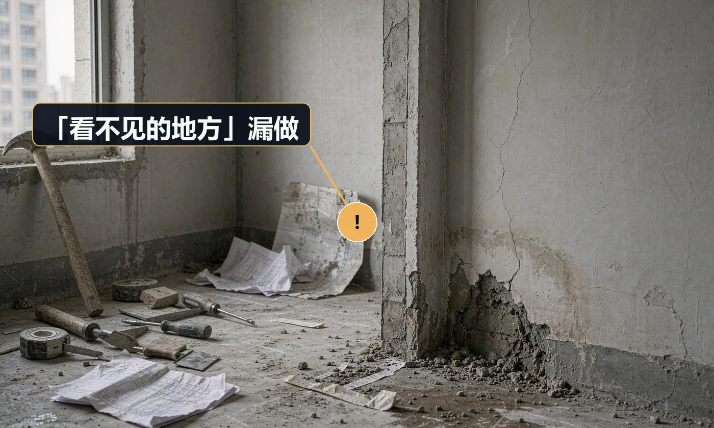 现象:验收时客户拉开柜门、摸窗槽、看轨道,全是灰。原因:开荒未分粗 / 精两遍;作业范围未前置界定