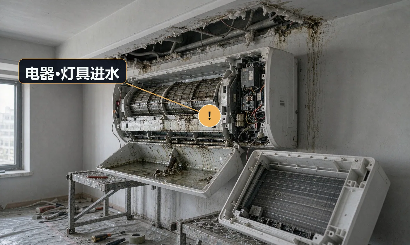 现象:保洁后灯具闪烁、插座跳闸、烟机失灵。原因:直接对电器喷水;未断电作业