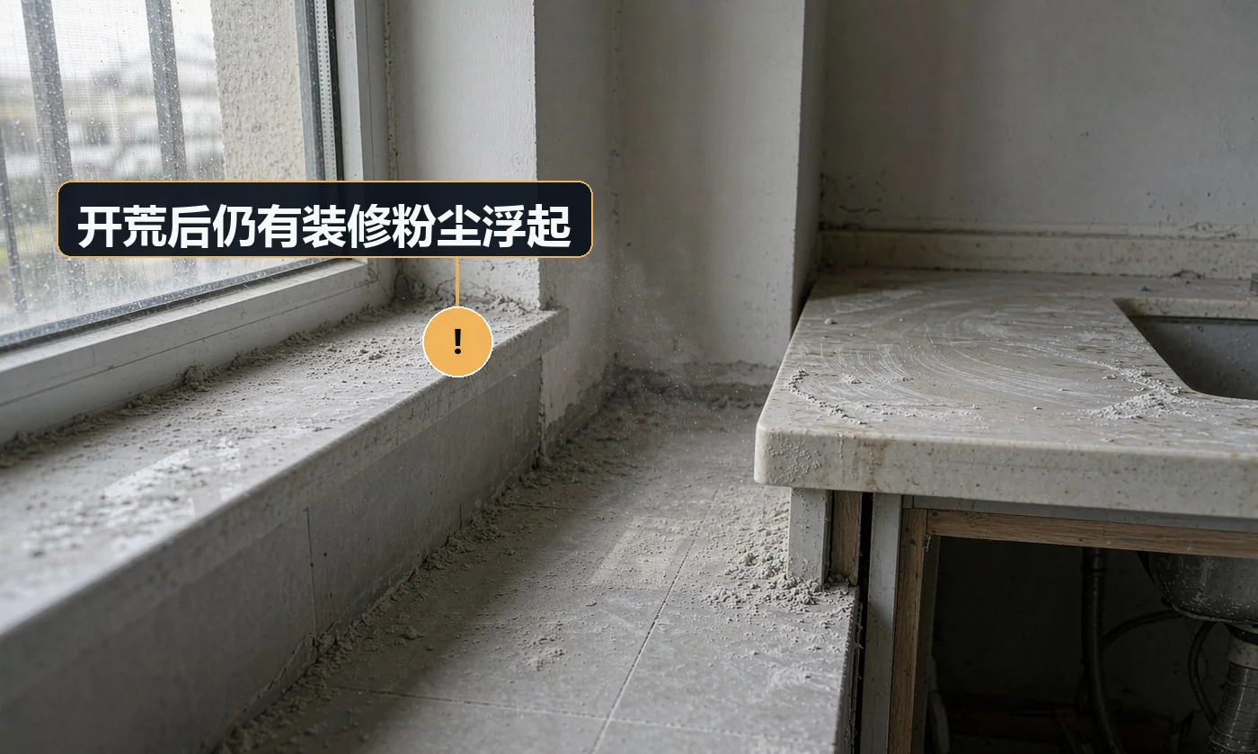现象:清洁完第二天,家具和地板上又是一层薄灰。原因:只做湿擦未做「除尘 — 湿擦 — 再除尘」;空调 / 风口未清理,粉尘循环