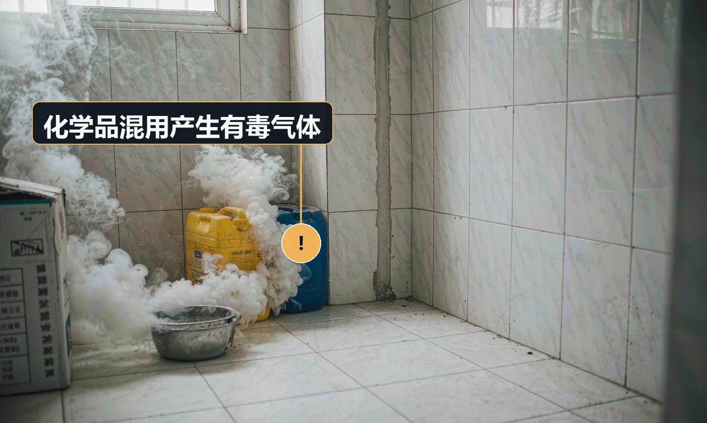 现象:洁厕灵 + 84 消毒液混用,产生刺激性氯气,人员与客户咳嗽流泪。原因:师傅凭经验随意混配药剂;药剂无标识分装