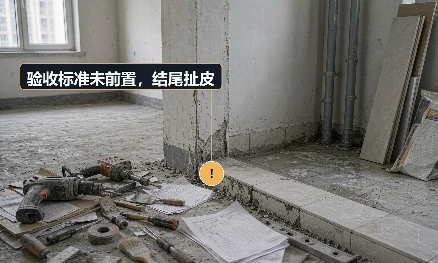 现象:客户说「这不干净」,师傅说「这已经算干净了」,僵持不下。原因:未把「做到什么程度」在开工前书面化
