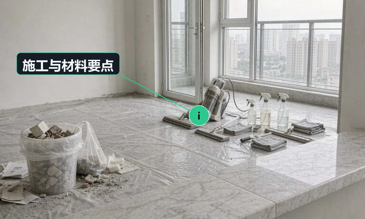 施工与材料要点:开荒要分两遍:粗开荒先清建筑垃圾与浮灰,精开荒再处理玻璃、五金、柜内;玻璃与石材必须换剂换布,酸性清洁剂上石材会留下永久蚀痕