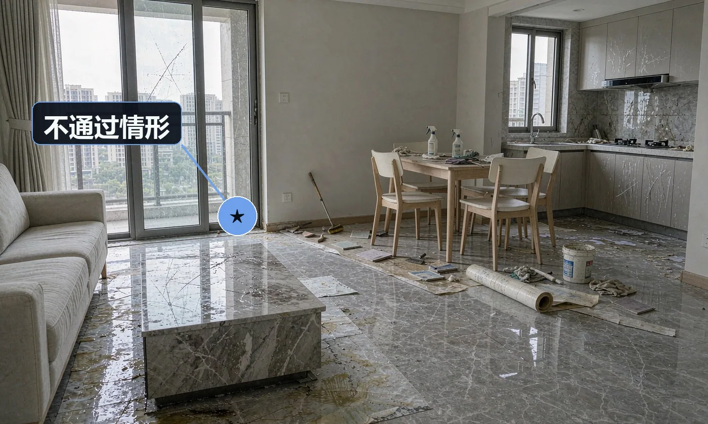 不通过情形:造成不可修复损伤(玻璃划痕、石材蚀痕、地板变形):按实际损失定损赔付,先垫付后追责;清洁覆盖度不达标:24 小时内免费返工,不向客户二次收费