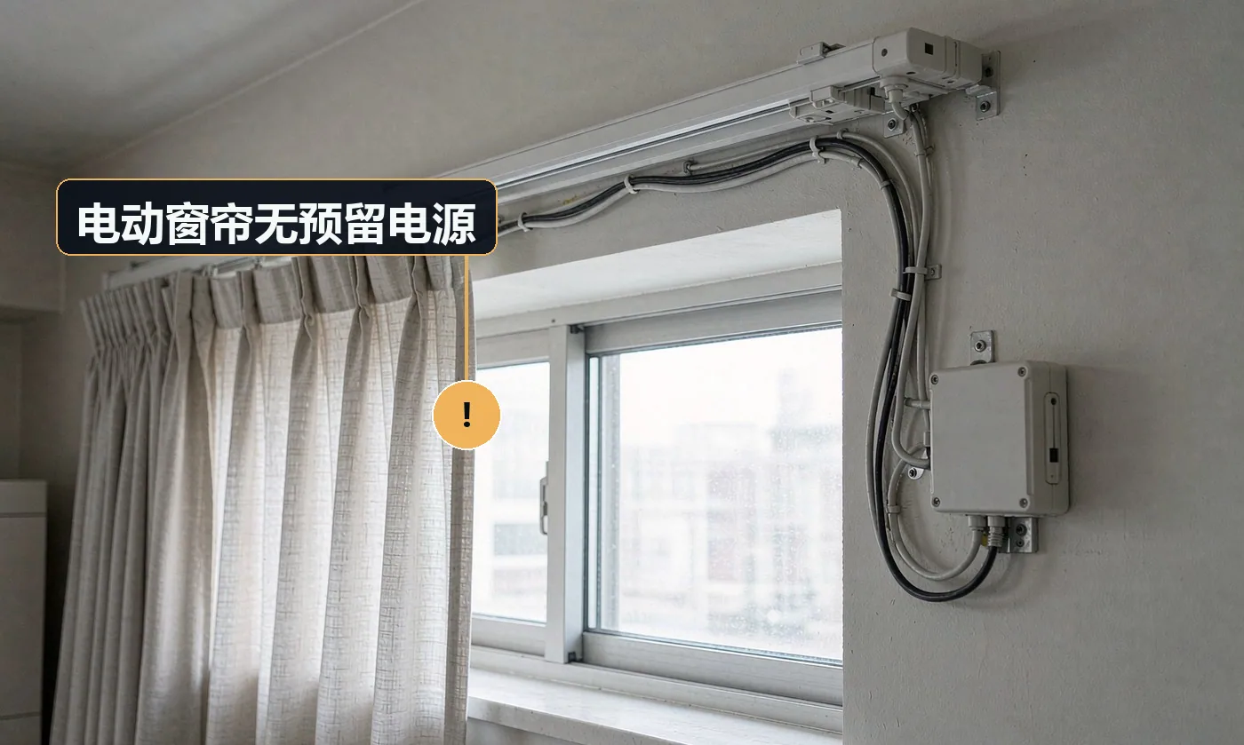 现象:装电动窗帘时发现窗帘盒里没有插座。原因:改电阶段未规划电动窗帘供电;后期才决定上电动