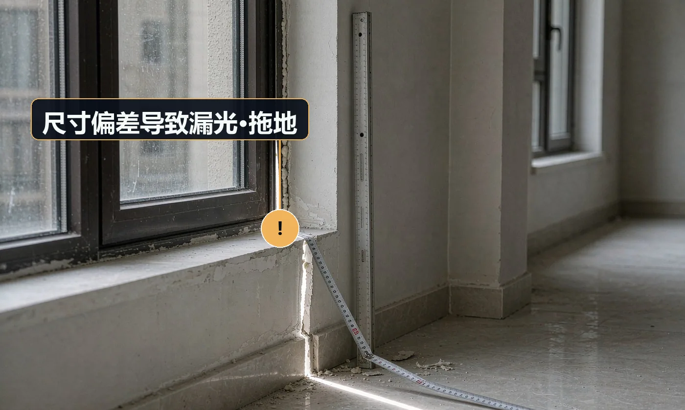 现象:窗帘太短漏光、太长拖地沾灰。原因:复尺未含轨道宽度与褶皱倍数;未核算地面完成面标高