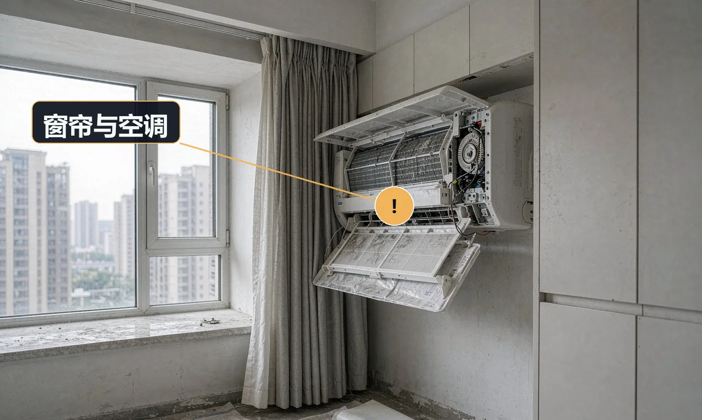 现象:窗帘挡住空调出风口,或与吊柜打架。原因:未核对空调、风口、柜体的位置与尺寸