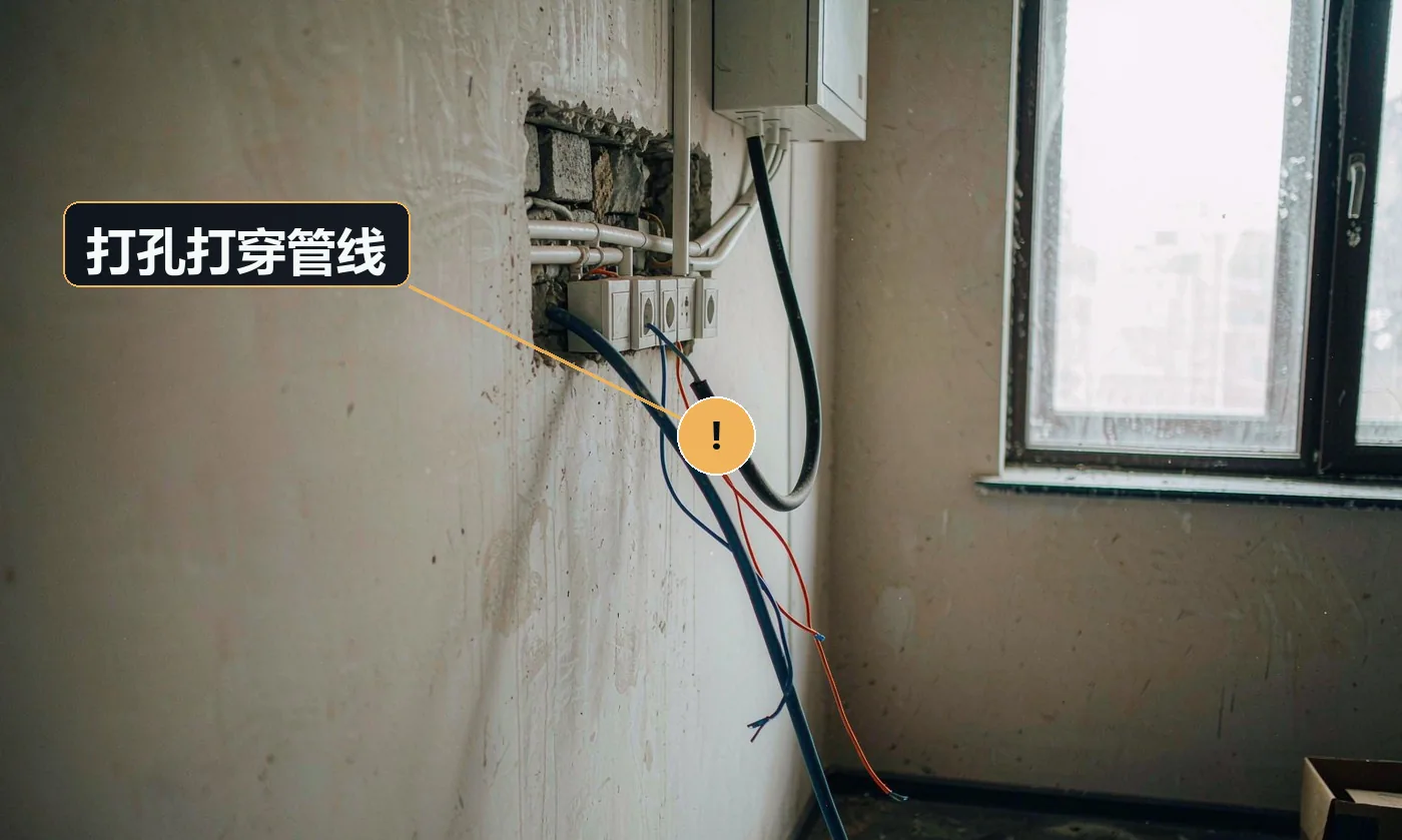 现象:装轨道打孔后墙里渗水或跳闸。原因:未探测墙内管线;凭经验定位