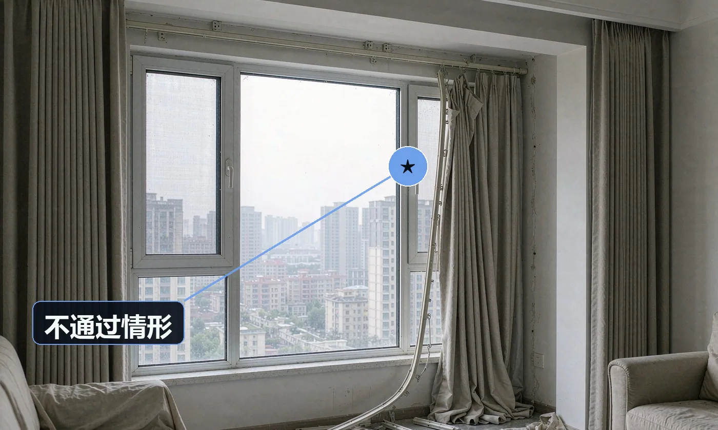 不通过情形:轨道 / 罗马杆脱落:立即加固重装,由此造成的损失按定损赔付;打穿管线:即刻停手并协助修复,费用由施工方承担