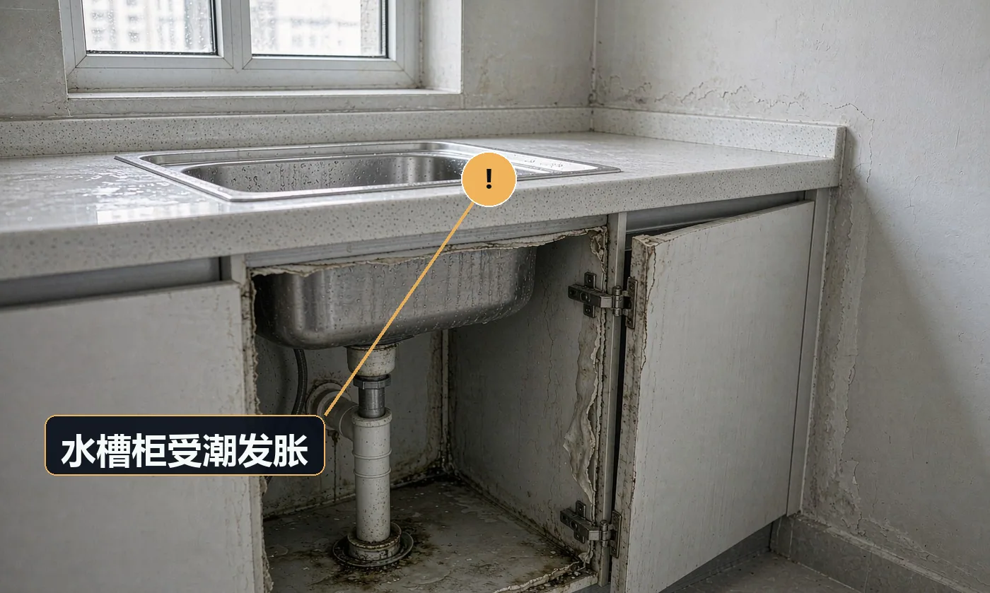 现象:水槽柜底板发胀、发霉,柜门变形。原因:柜内未做防水处理;无防水铝箔;下水管接口渗漏长期未发现;柜脚直接落地