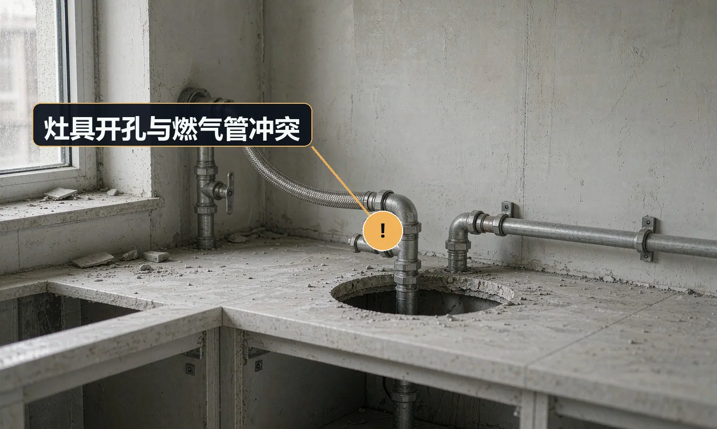 现象:灶具开孔位置压到燃气管,或灶具进气管无空间接。原因:未核对燃气管走向与灶具进气口位置