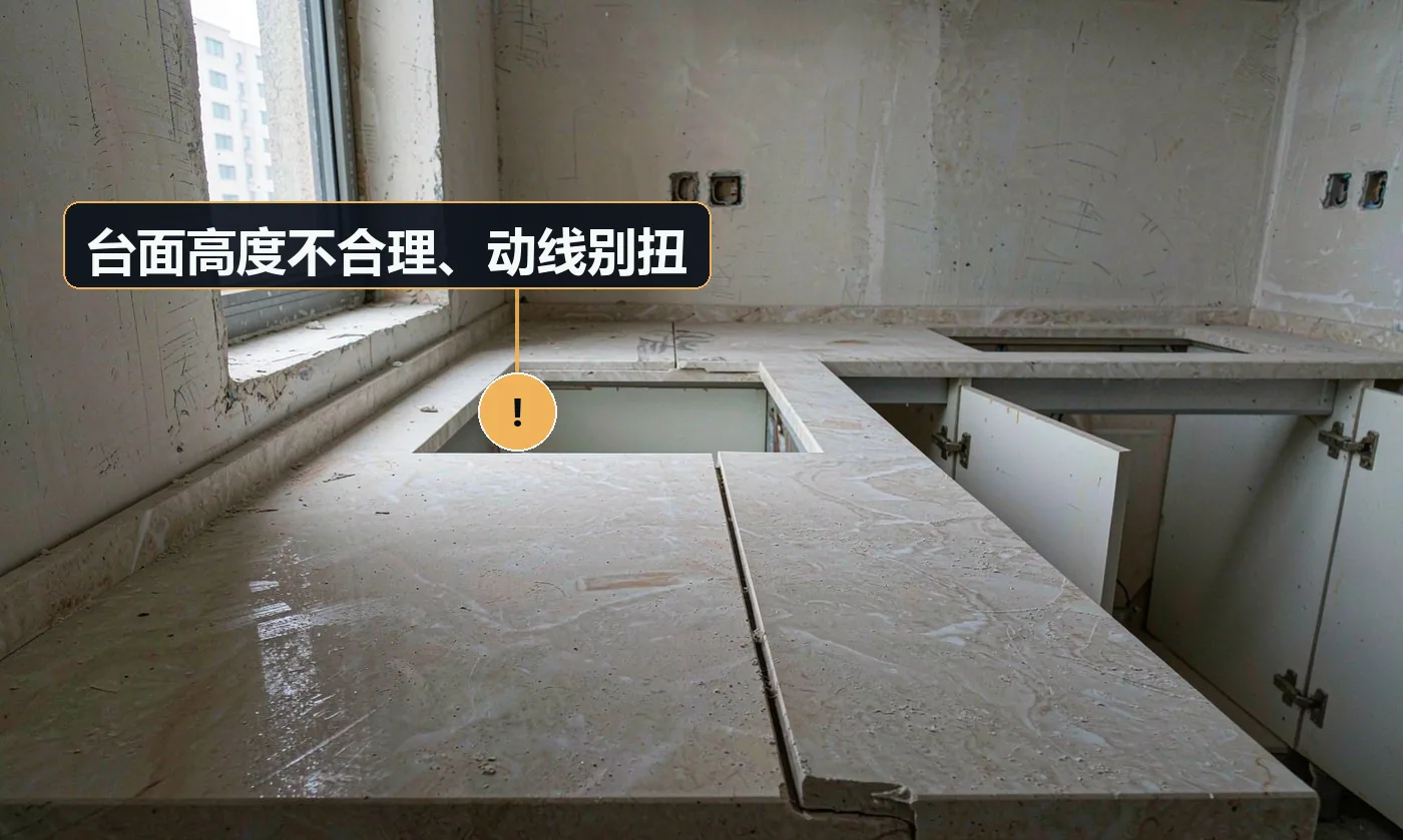 现象:洗菜要弯腰、炒菜要架胳膊,用起来累。原因:统一高度未按使用者身高与分区功能设计