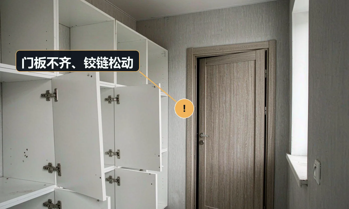 现象:柜门高低不一,用一段时间后下垂。原因:铰链未调试或质量差;柜体未水平