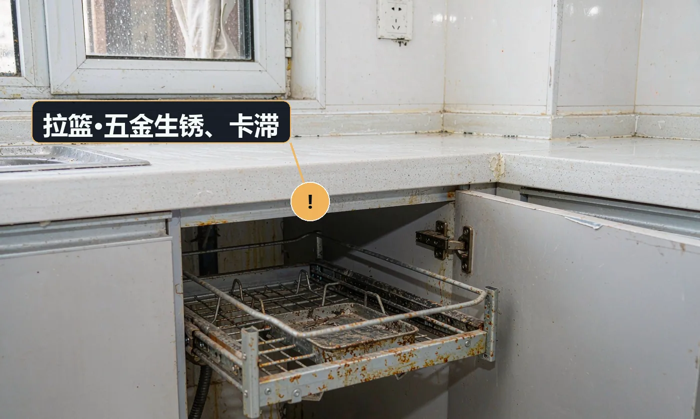 现象:拉篮用一两年后生锈、拉动卡顿。原因:使用非不锈钢五金;厨房高湿高油环境加速锈蚀