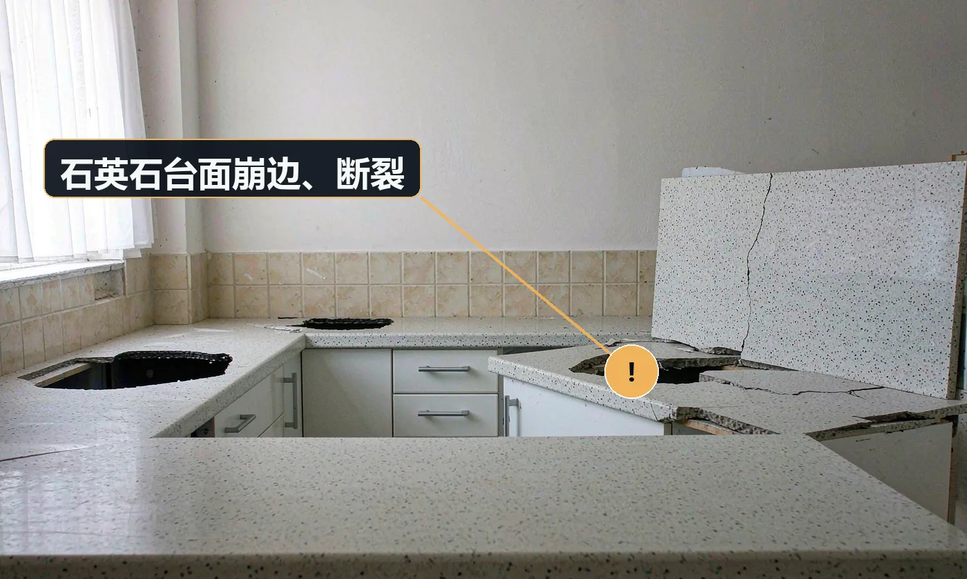 现象:台面边缘出现崩口,或运输安装中产生裂纹。原因:台面边缘未做倒角处理;运输安装未使用专用吊具与垫材