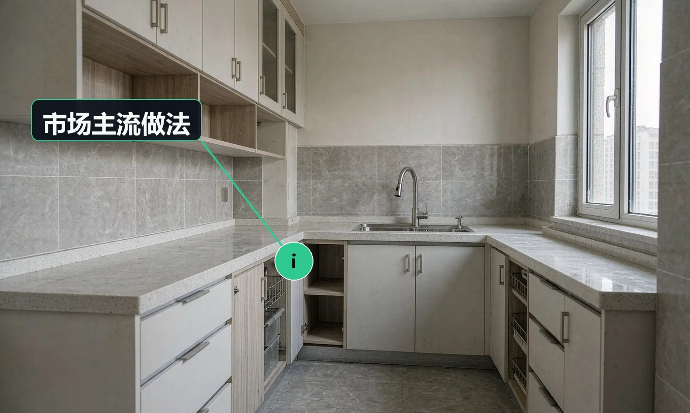 市场主流做法:厨房局改的核心项,客单价高、连带性强;定制与成品柜差价大,台面材质决定档次定位