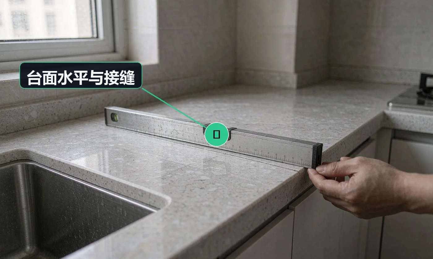 检查方式:水平尺 + 手触 + 目视。合格标准:台面水平、接缝平整无高差、已打磨抛光并密封