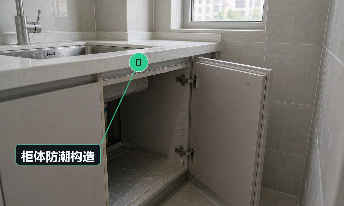 检查方式:目视(水槽柜内)。合格标准:水槽柜内壁与底板有防水铝箔 / 防潮处理,柜脚离地