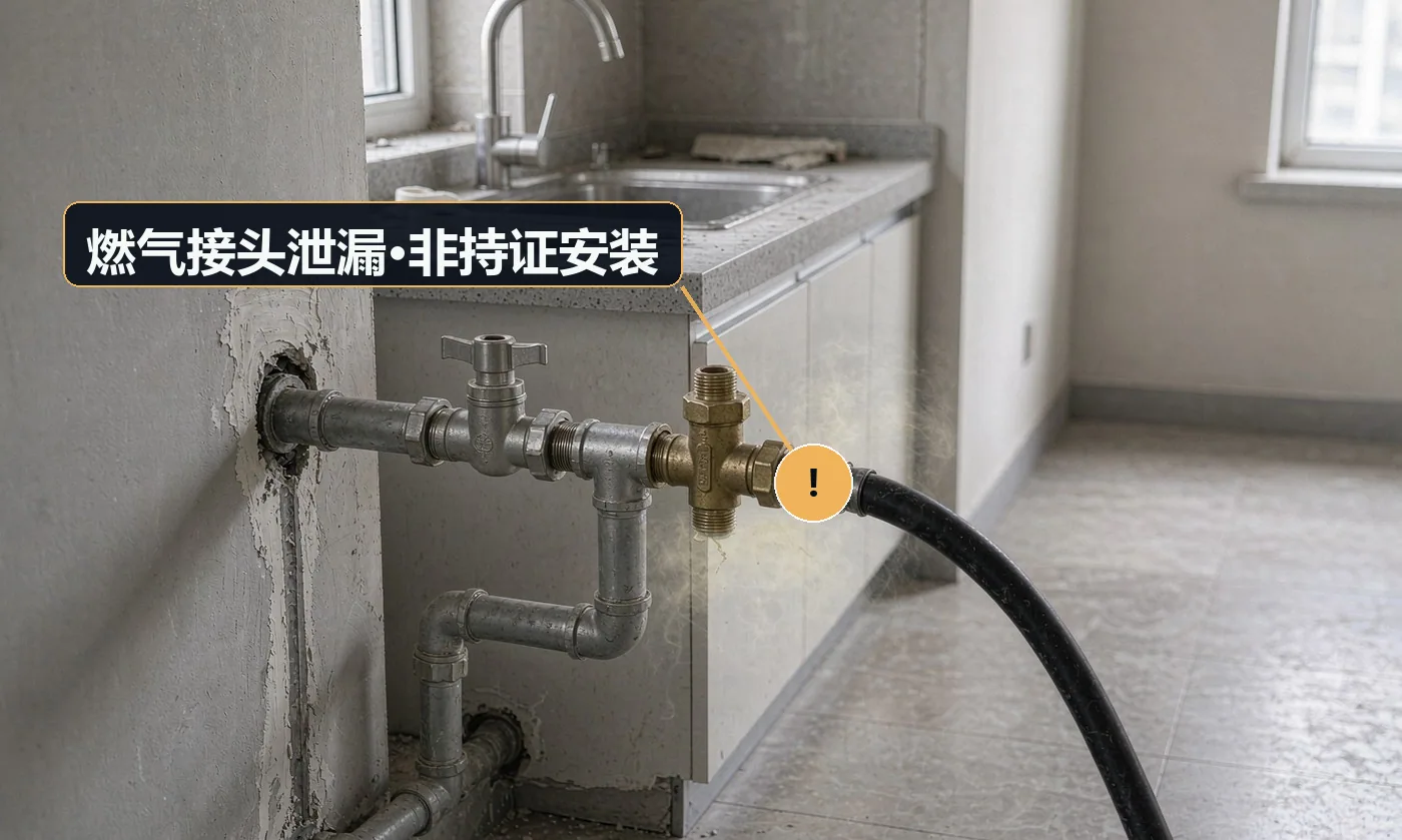 现象:闻到燃气味,或用检漏仪检测到接头泄漏。原因:由无资质人员安装;生料带缠绕不当;管件未拧紧或使用劣质软管