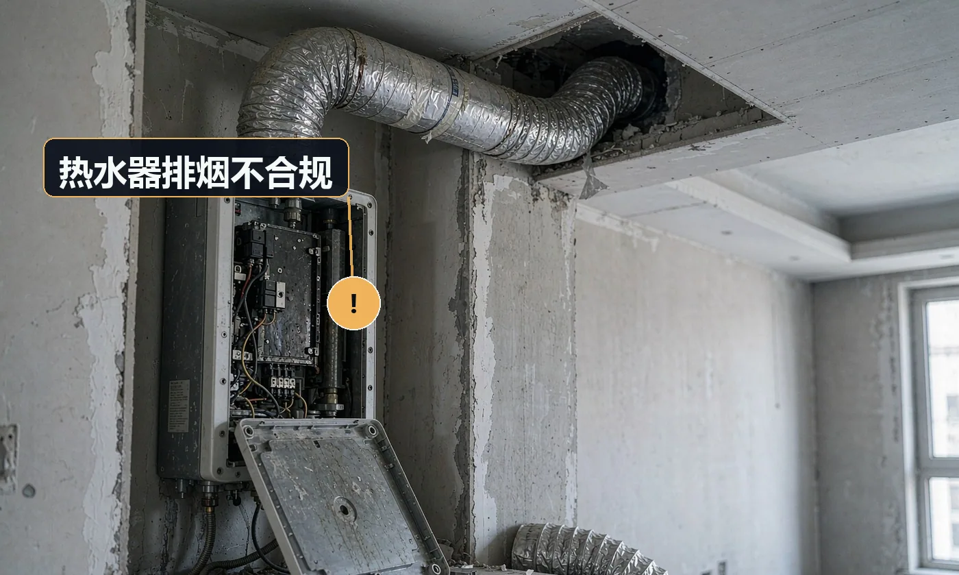 现象:排烟管排入公共烟道、未伸出室外,或弯头过多。原因:施工图省事直接把烟管接进烟道;未核算排烟路径长度
