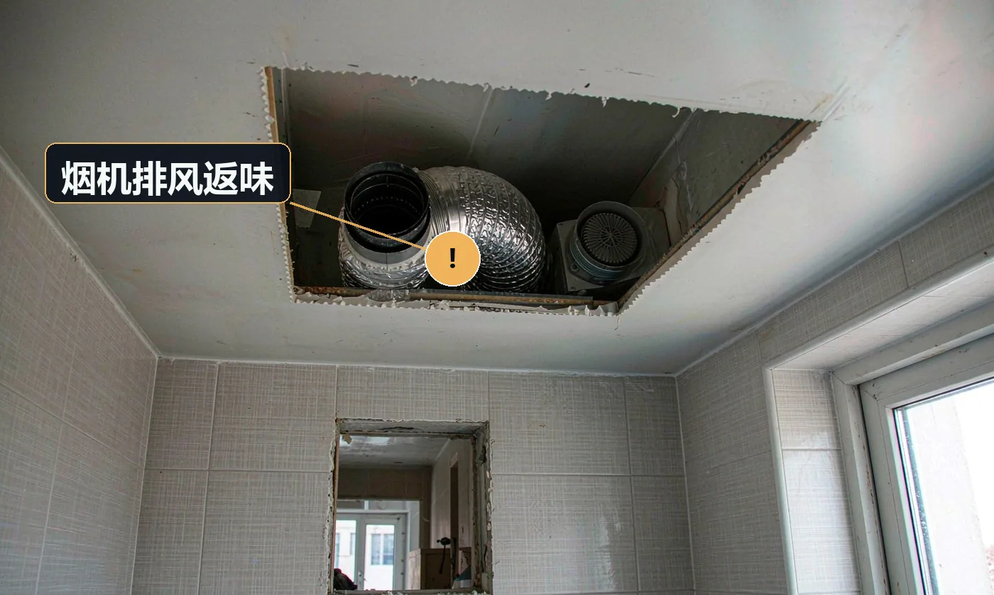 现象:做饭时烟排不出去,还能闻到楼上邻居的菜味。原因:未装止逆阀或止逆阀装反;排风管过长、弯折过多;与烟道接口未密封