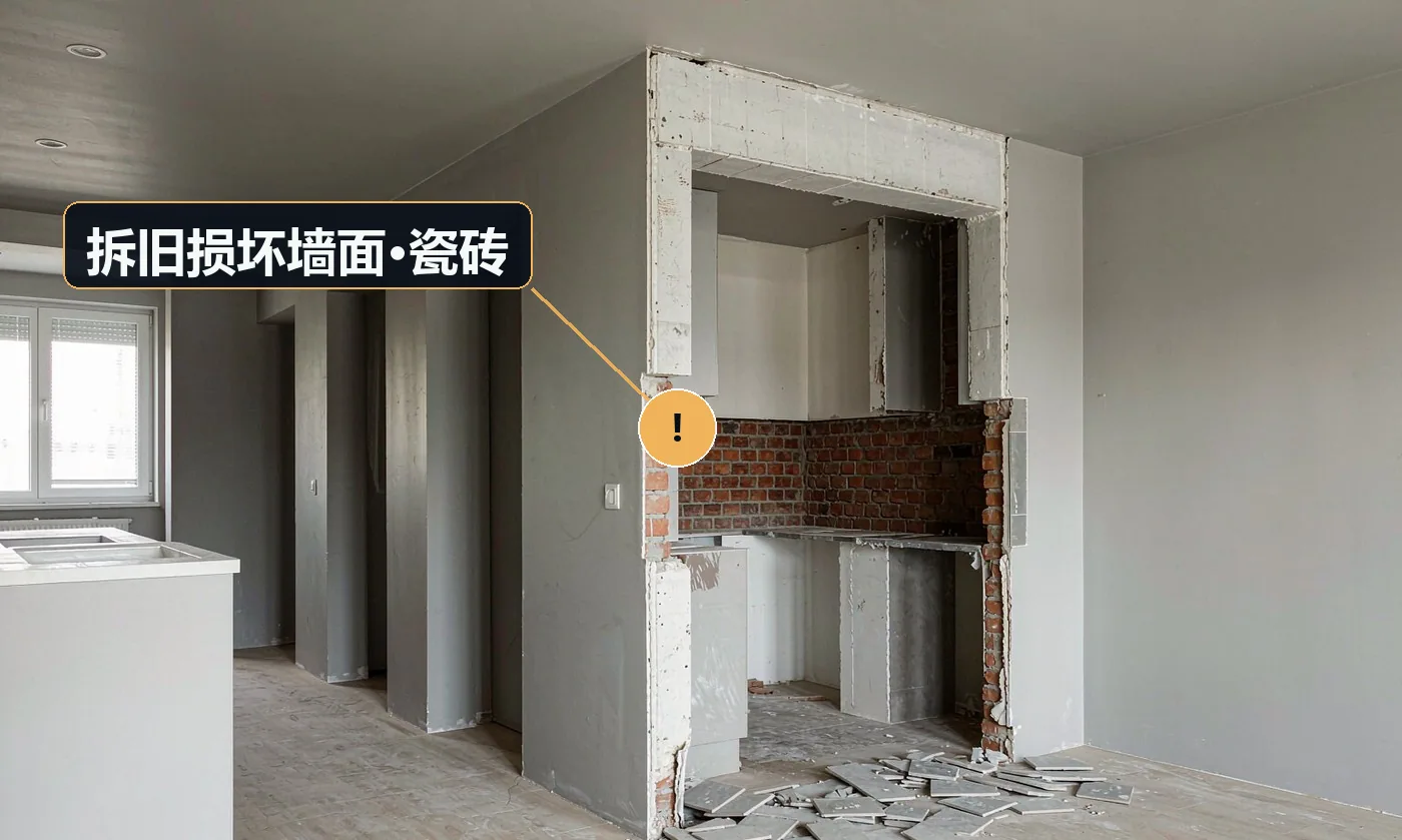 现象:拆旧机时把瓷砖敲裂、墙面拉掉一块漆。原因:暴力拆除;未做保护;老机固定件锈死仍硬拆