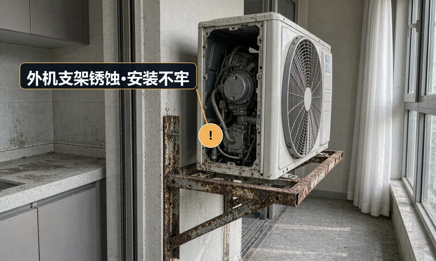 现象:外机在风大时晃动明显,支架明显锈迹。原因:沿用旧锈蚀支架;膨胀螺栓规格不足或未做防锈