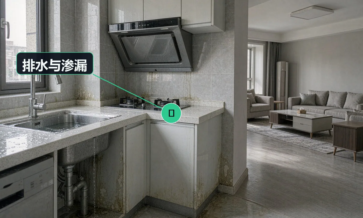检查方式:试水 + 连续运行观察。合格标准:空调冷凝水排水顺畅无倒流;涉水部件无渗漏