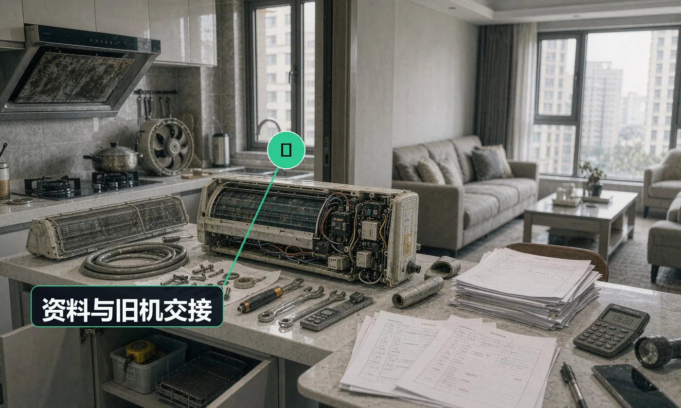检查方式:清点 + 签字。合格标准:说明书、保修卡、发票、安装单齐备;旧机归属按确认单执行