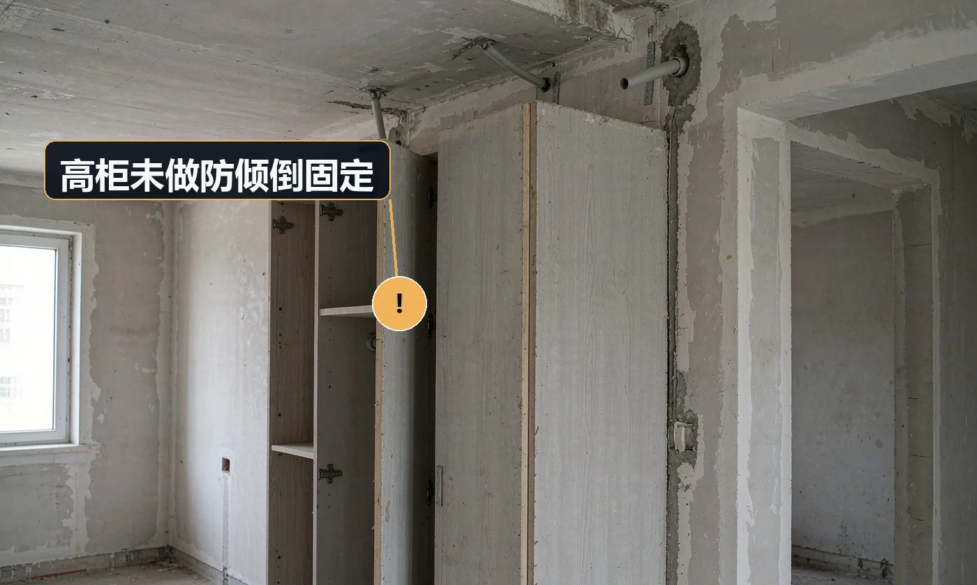 现象:高柜、书柜受外力后向前倾倒,存在砸伤风险。原因:未按说明书做墙上固定;认为「靠墙放着就行」