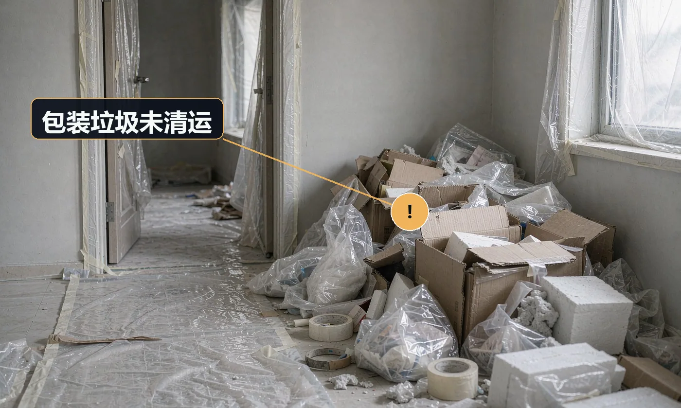 现象:安装完满地泡沫、纸箱、木架,客户自己处理。原因:安装单未含清运项