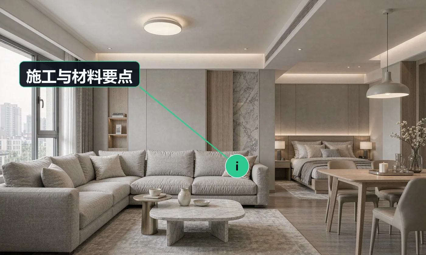 施工与材料要点:家具是典型的「感受型」消费,必须让客户看得见、坐得着、摸得到;卖家具卖的是「空间方案」——同样的沙发,搭配不同效果差很远