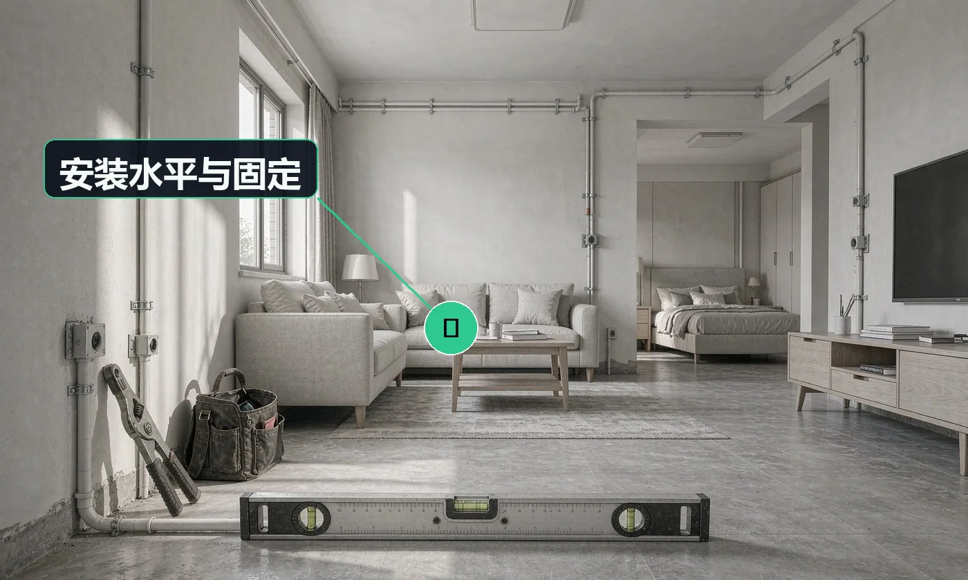 检查方式:水平尺 + 手扳检查。合格标准:柜体水平、无晃动;高度 >600mm 柜体已按说明书做墙面固定