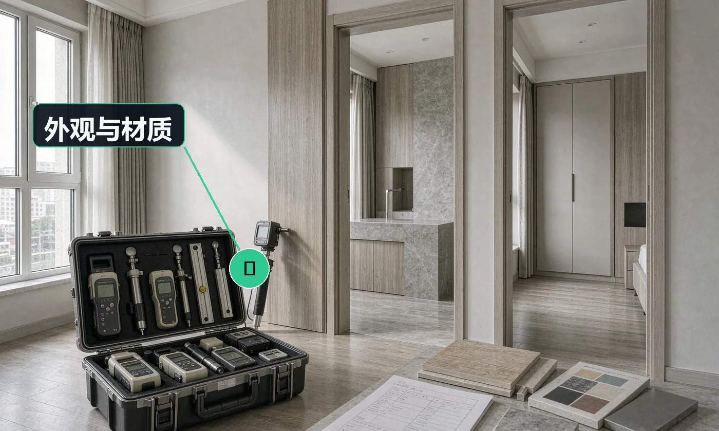 检查方式:自然光下目视 + 手触。合格标准:无划痕、无磕碰、无污染、无色差,封边完整无脱胶