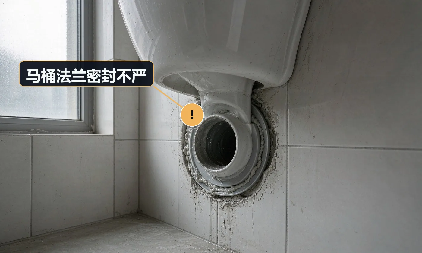 现象:马桶底座周围渗水,卫生间总有下水道味。原因:法兰圈未装或未对正;地面不平导致底座与排水口不贴合;沿用了旧法兰圈