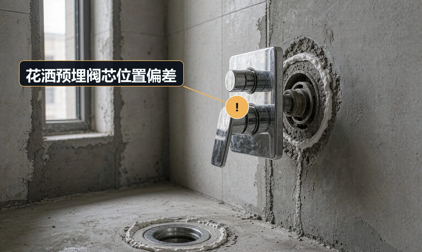 现象:花洒装完与墙面距离不对,或阀芯歪斜露出墙外。原因:贴砖前未按阀芯实物定位;砌墙厚度变化未复核