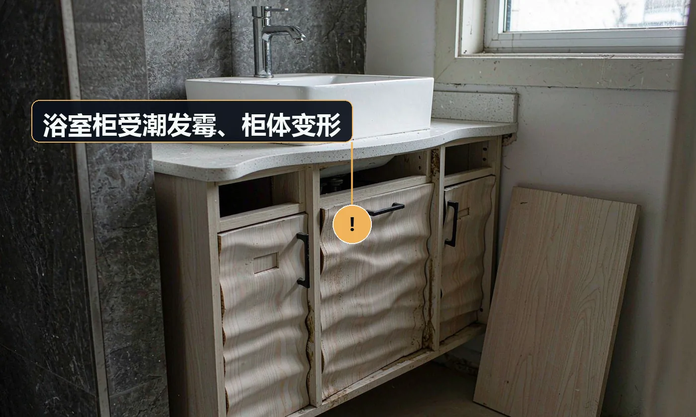 现象:柜体侧板发胀、发霉,柜门关不严。原因:选用普通密度板柜体;柜体直接落地无防潮处理;漏水源未解决