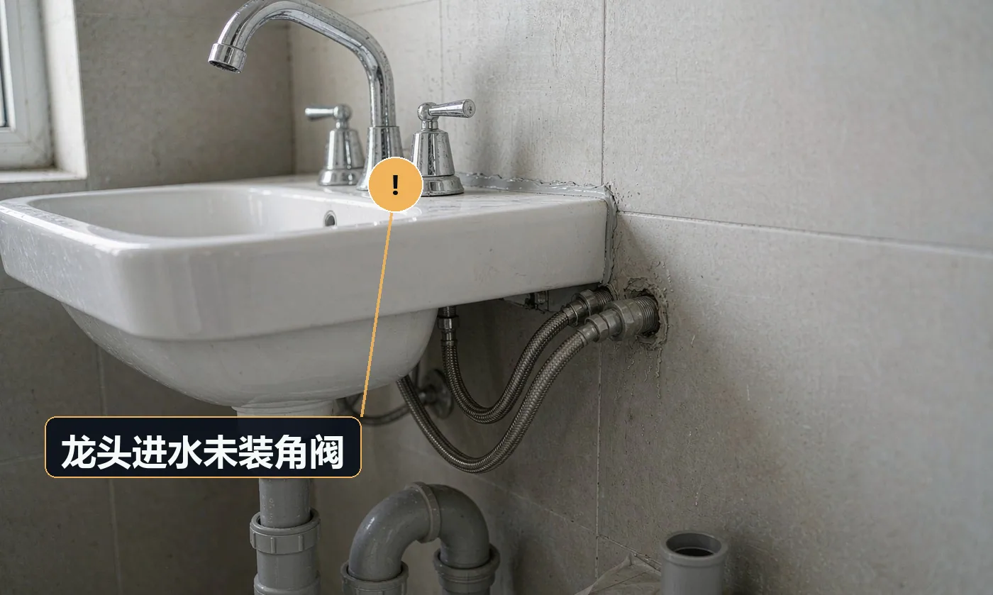 现象:龙头漏水时无法单独关水,只能关总阀。原因:安装时为省事直接接管;旧角阀锈死未更换