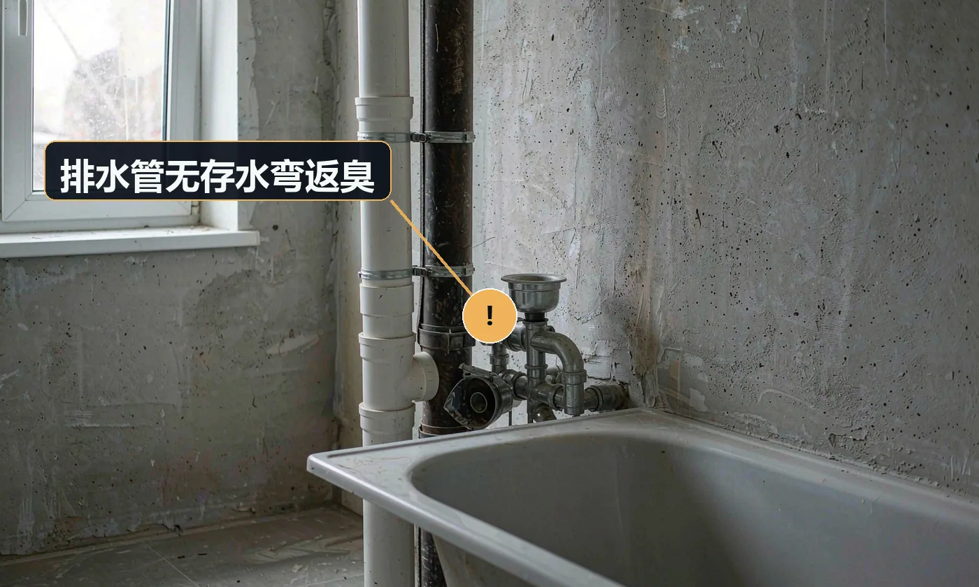 现象:洗手盆或淋浴区持续返臭。原因:排水管直通主管,无水封隔离