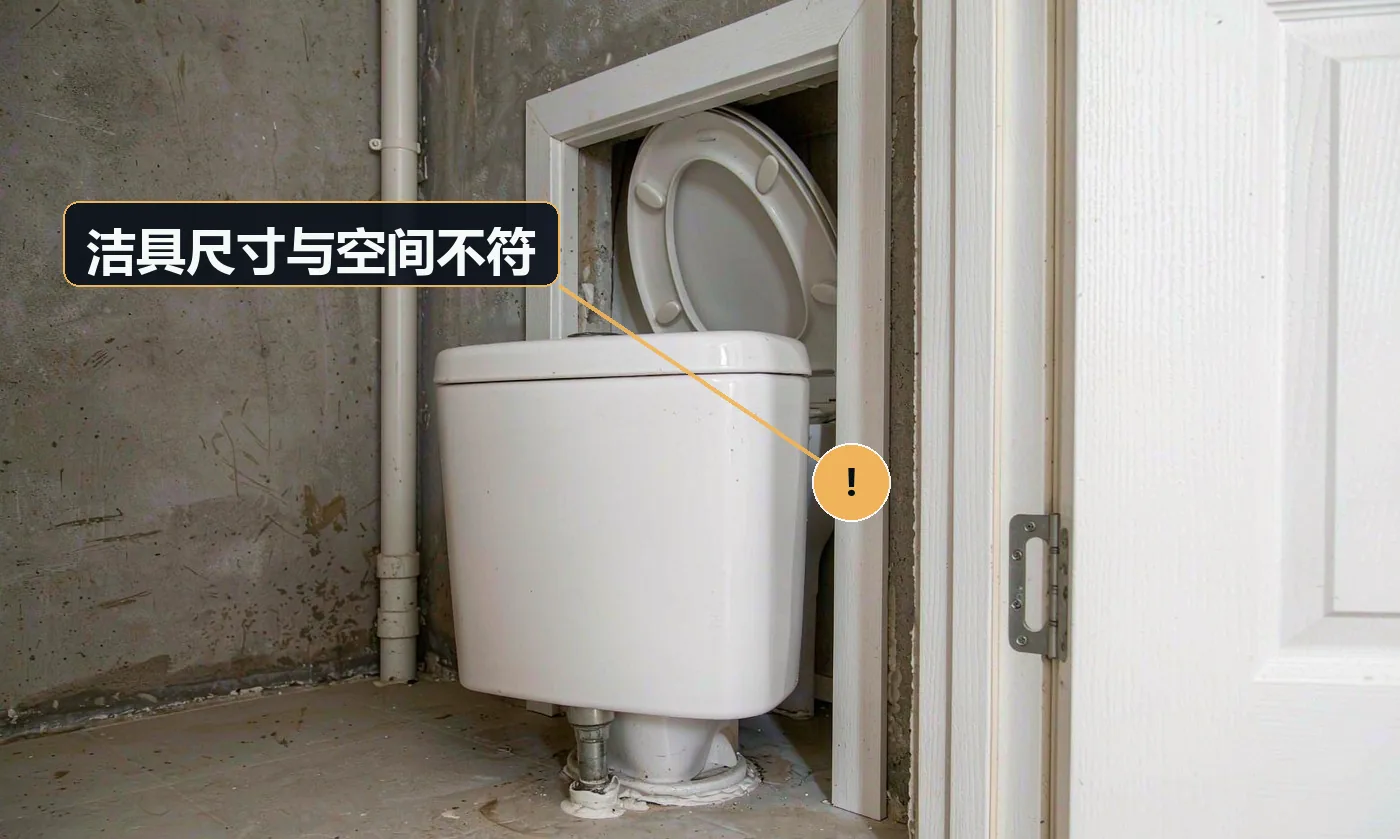 现象:马桶装上后卫生间门关不上,或人坐下没有腿位。原因:下单前未量坑距与净空;忽略门扇开启半径
