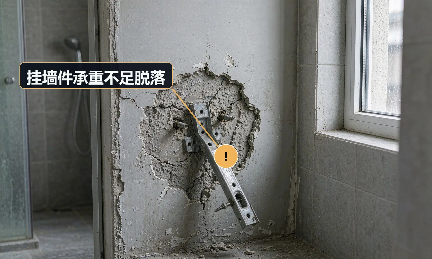 现象:浴室柜、置物架使用一段时间后下垂或整块掉落。原因:固定在空心砖或空鼓瓷砖上;锚栓规格不足