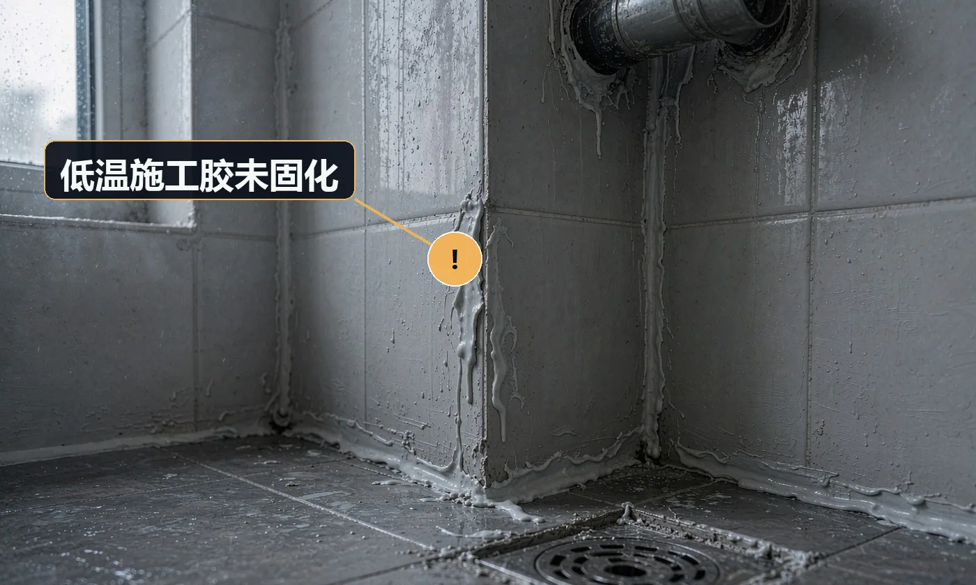 现象:打胶处长时间不固化,粘手、易脱落。原因:环境温度低于胶的施工要求;基层潮湿