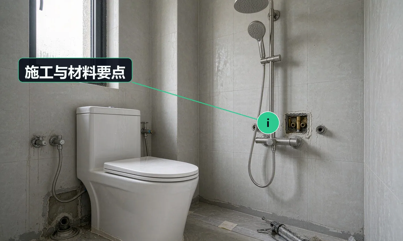 施工与材料要点:马桶先看坑距,再看冲水方式(虹吸 / 直冲)与釉面工艺;花洒看阀芯材质与出水口数量,恒温阀芯体验差异极大